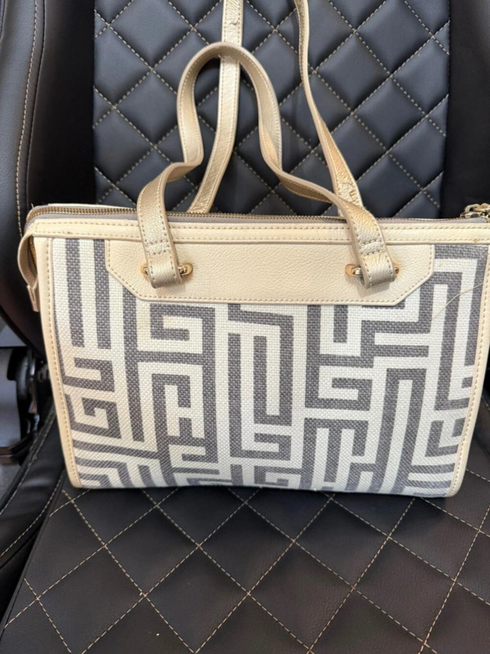 Spartina 449 Greek Key Satchel Handbag Gray Ivory Gold Structured Purse